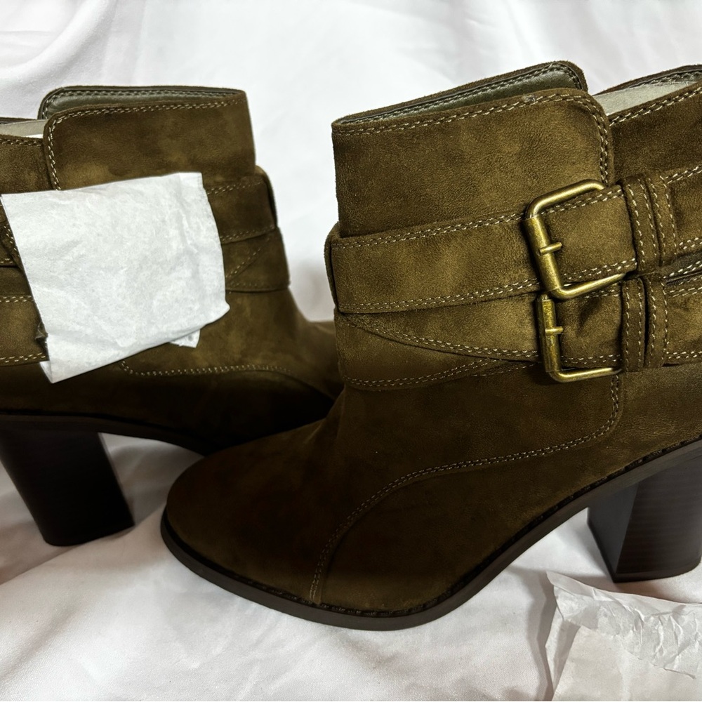 Green Suede Ankle Booties with Adjustable Cuff